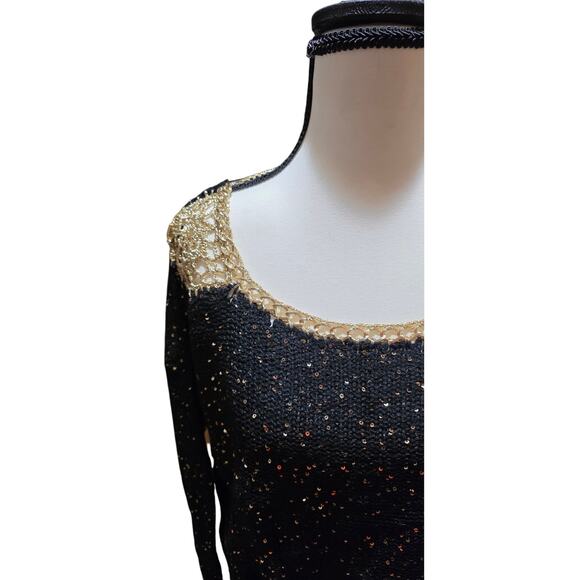 LTX Elegant Black Gold Trim Sweater Sparkling Metallic Knit Holiday Party S/M - Picture 2 of 6
